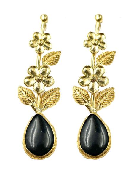 PENDIENTES MUJER LARGOS DORADOS Y NEGROS DE FLORES