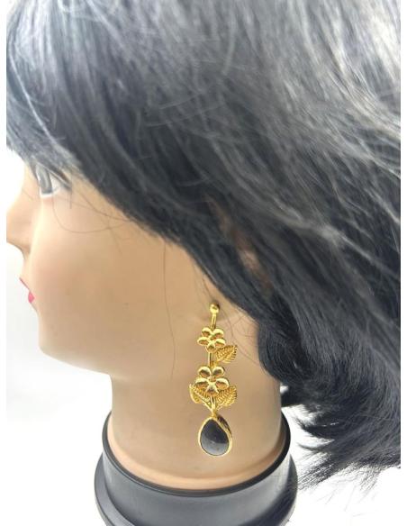 PENDIENTES MUJER LARGOS DORADOS Y NEGROS DE FLORES