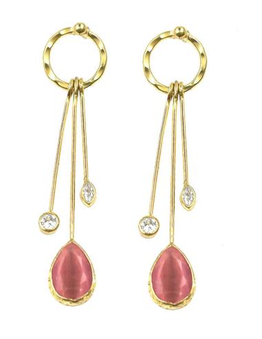 PENDIENTES MUJER LARGOS DORADOS CON PIEDRAS ROSAS Y CIRCONITAS