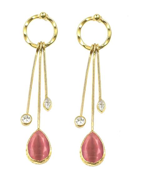 PENDIENTES MUJER LARGOS DORADOS CON PIEDRAS ROSAS Y CIRCONITAS