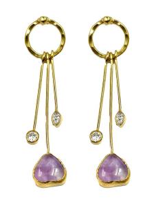 PENDIENTES MUJER LARGOS DORADOS Y LILAS DE PIEDRA AMATISTA