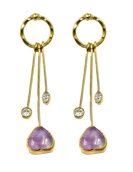 PENDIENTES MUJER LARGOS DORADOS Y LILAS DE PIEDRA AMATISTA