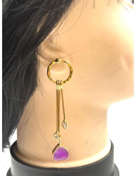 PENDIENTES MUJER LARGOS DORADOS Y LILAS DE PIEDRA AMATISTA