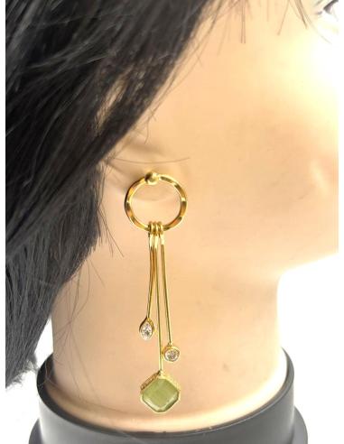 PENDIENTES MUJER LARGOS DORADOS Y VERDE OLIVA CON CIRCONITAS