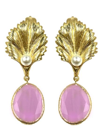 PENDIENTES ROSAS LARGOS CON HOJA DORADA Y PERLITA PARA BODAS