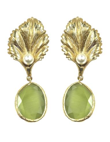 PENDIENTES VERDE OLIVA CON HOJA DORADA Y PERLITA