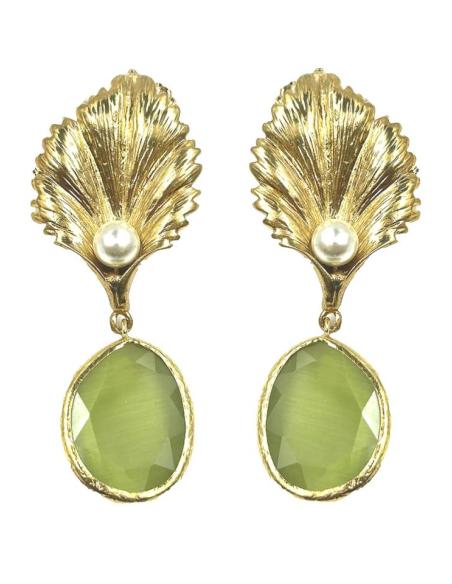 PENDIENTES VERDE OLIVA CON HOJA DORADA Y PERLITA
