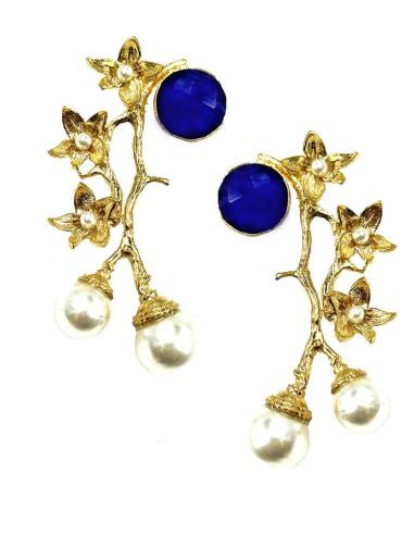 PENDIENTES DORADOS PIEDRAS AZULES MARINO Y PERLAS PARA INVITADAS Y MADRINAS DE BODAS