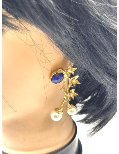 PENDIENTES DORADOS PIEDRAS AZULES MARINO Y PERLAS PARA INVITADAS Y MADRINAS DE BODAS