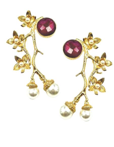 PENDIENTES DORADOS PIEDRAS BUGAMBILIAS Y PERLAS PARA INVITADAS Y MADRINAS DE BODAS