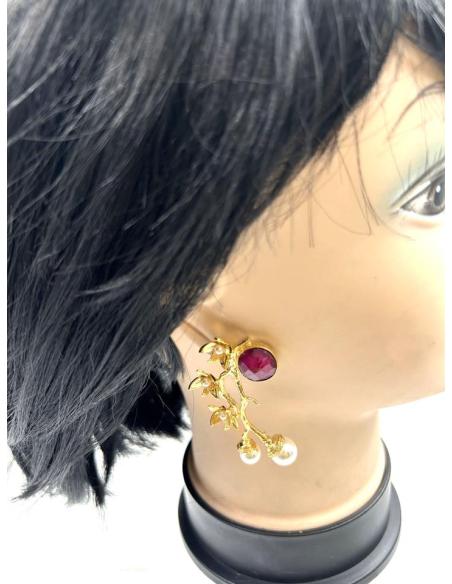 PENDIENTES DORADOS PIEDRAS BUGAMBILIAS Y PERLAS PARA INVITADAS Y MADRINAS DE BODAS