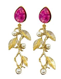 PENDIENTES DORADOS CON PIEDRAS DRUSAS BUGAMBILIAS Y PERLAS