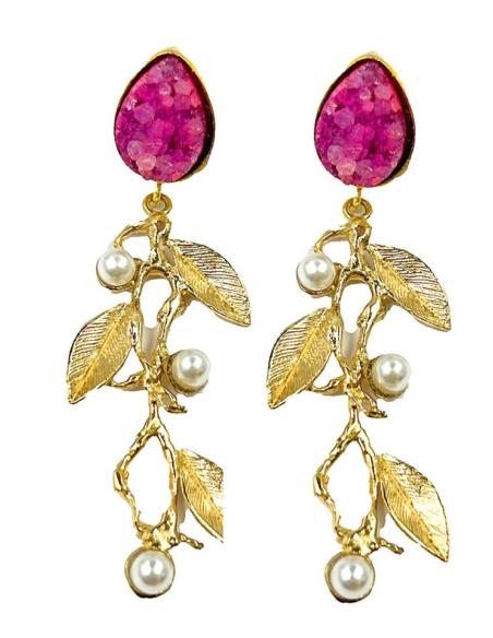 PENDIENTES DORADOS CON PIEDRAS DRUSAS BUGAMBILIAS Y PERLAS