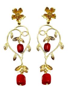 PENDIENTES LARGOS DORADOS CON ROJO CORAL IDEALES PARA CEREMONIAS