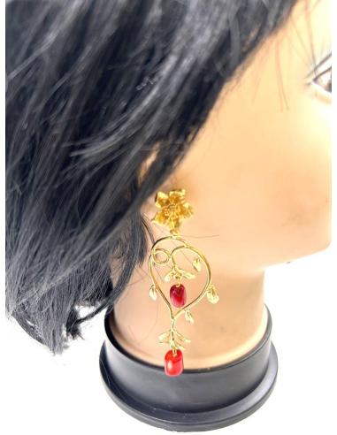 PENDIENTES LARGOS DORADOS CON ROJO CORAL IDEALES PARA CEREMONIAS