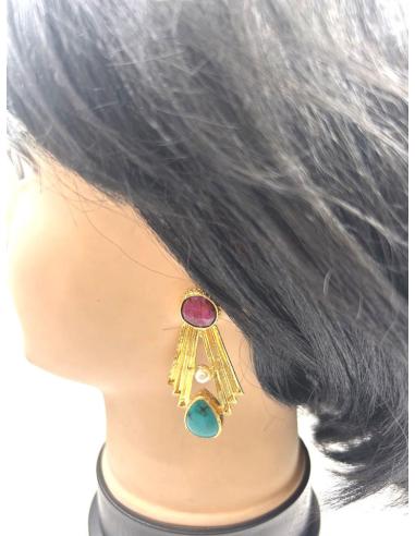 PENDIENTES DORADOS CON PIEDRAS VINO Y TURQUESAS PARA EVENTOS