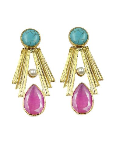 PENDIENTES DORADOS CON PIEDRAS ROSAS Y TURQUESAS