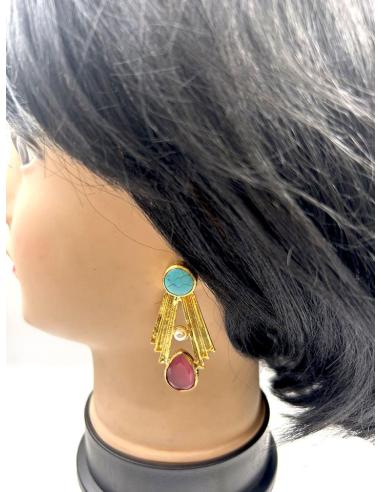 PENDIENTES DORADOS CON PIEDRAS ROSAS Y TURQUESAS