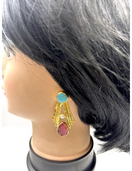 PENDIENTES DORADOS CON PIEDRAS ROSAS Y TURQUESAS