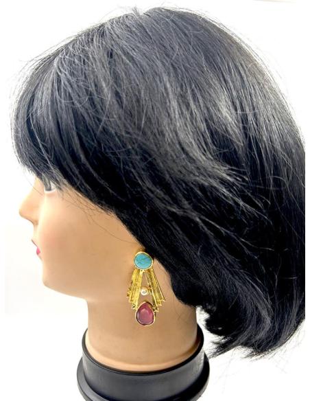 PENDIENTES DORADOS CON PIEDRAS ROSAS Y TURQUESAS