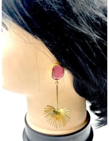 PENDIENTES MUJER DORADOS LARGOS CON PIEDRAS ROSAS MUY ESTETICOS