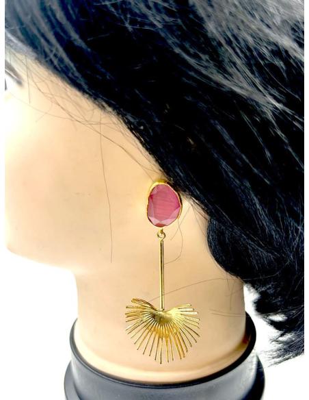 PENDIENTES MUJER DORADOS LARGOS CON PIEDRAS ROSAS MUY ESTETICOS