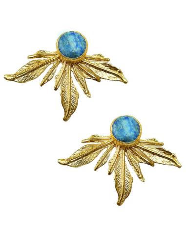PENDIENTES CORTOS DORADOS CON PIEDRA AZUL PARA BODAS DE DIA
