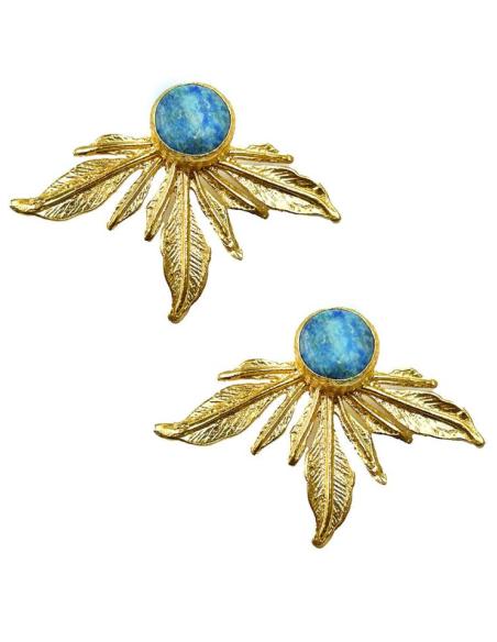 PENDIENTES CORTOS DORADOS CON PIEDRA AZUL PARA BODAS DE DIA