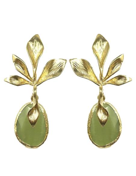 PENDIENTES BODA DE PIEDRAS VERDES OLIVA Y DORADOS MUY ELEGANTES