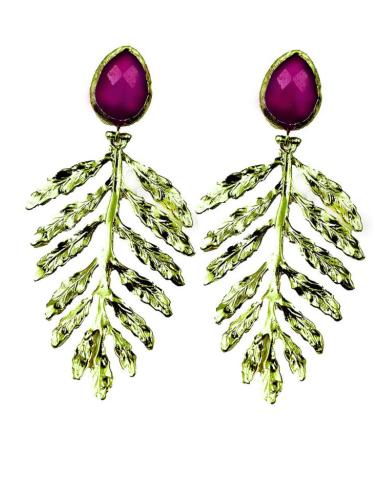 PENDIENTES DORADOS LARGOS CON PIEDRA BUGAMBIIA PARA BODAS Y EVENTOS