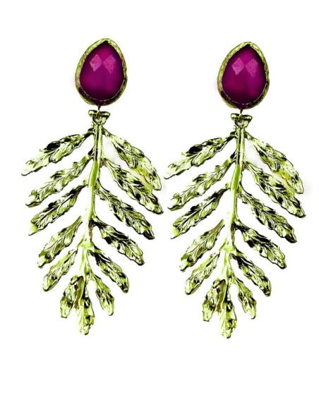 PENDIENTES DORADOS LARGOS CON PIEDRA BUGAMBIIA PARA BODAS Y EVENTOS