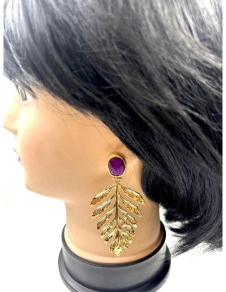 PENDIENTES DORADOS LARGOS CON PIEDRA BUGAMBIIA PARA BODAS Y EVENTOS