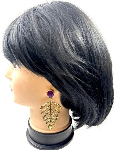 PENDIENTES DORADOS LARGOS CON PIEDRA BUGAMBIIA PARA BODAS Y EVENTOS