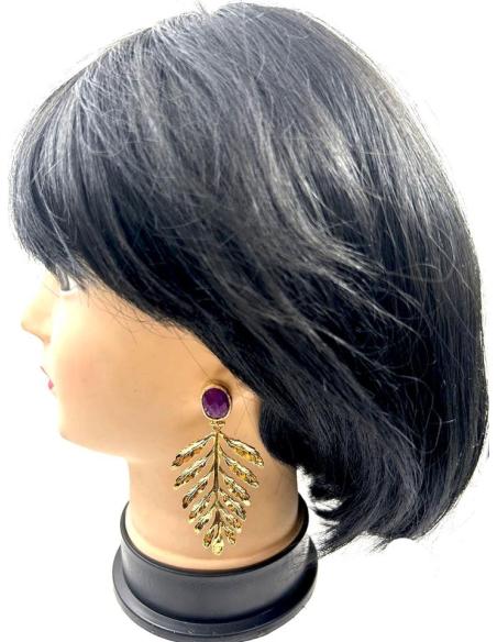 PENDIENTES DORADOS LARGOS CON PIEDRA BUGAMBIIA PARA BODAS Y EVENTOS