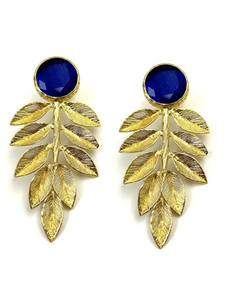PENDIENTES ONLINE DORADOS DE HOJA Y PIEDRA AZULONA PARA BODAS