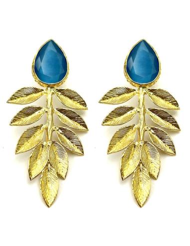 PENDIENTES ONLINE DORADOS DE HOHA Y PIEDRA AZUL TURQUESA