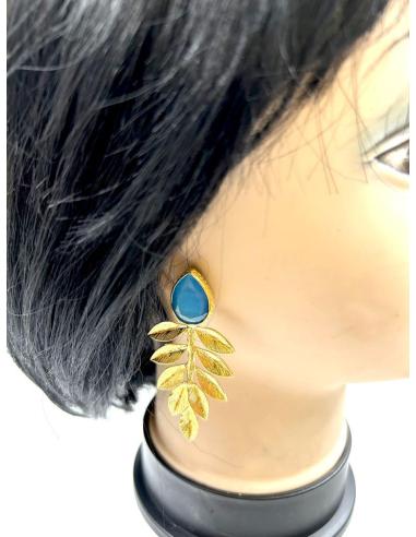 PENDIENTES ONLINE DORADOS DE HOHA Y PIEDRA AZUL TURQUESA