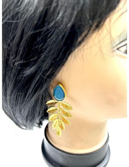 PENDIENTES ONLINE DORADOS DE HOHA Y PIEDRA AZUL TURQUESA