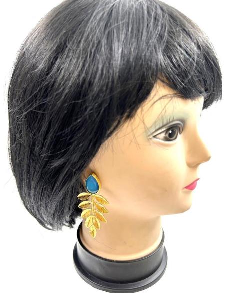 PENDIENTES ONLINE DORADOS DE HOHA Y PIEDRA AZUL TURQUESA