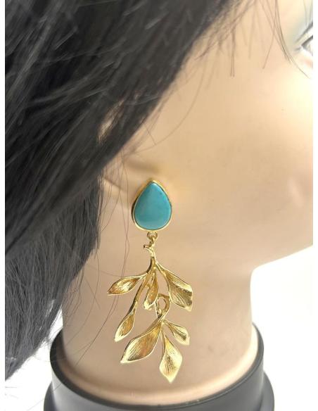 PENDIENTES ONLINE DORADOS LARGOS CON PIEDRA AZUL TURQUESA PARA BODAS