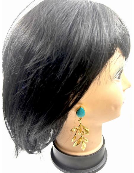 PENDIENTES ONLINE DORADOS LARGOS CON PIEDRA AZUL TURQUESA PARA BODAS