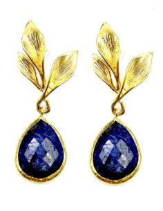 PENDIENTES LARGOS DORADOS DE PIEDRA AZUL Y HOJITAS PARA BODAS