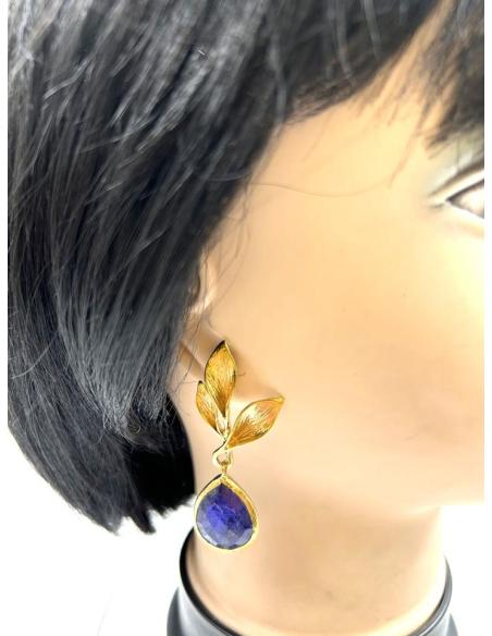 PENDIENTES LARGOS DORADOS DE PIEDRA AZUL Y HOJITAS PARA BODAS