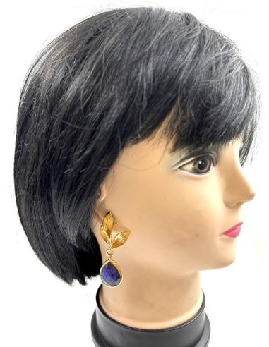 PENDIENTES LARGOS DORADOS DE PIEDRA AZUL Y HOJITAS PARA BODAS