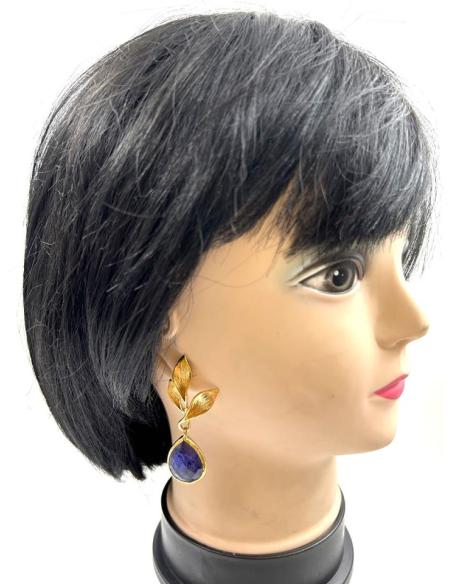PENDIENTES LARGOS DORADOS DE PIEDRA AZUL Y HOJITAS PARA BODAS