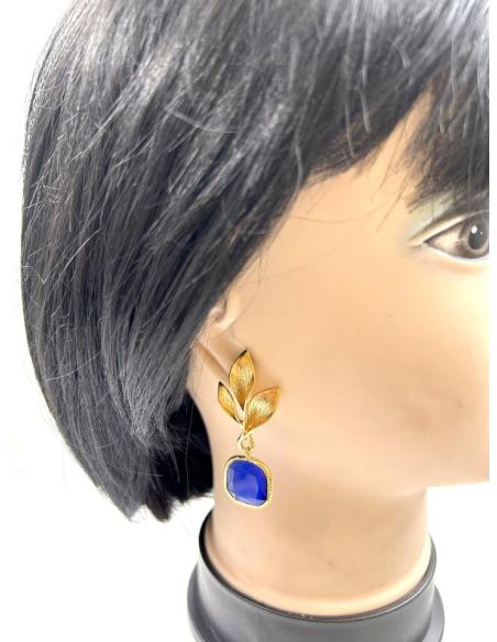 PENDIENTES MUJER LARGOS DORADOS Y AZULONES PARA CEREMONIAS