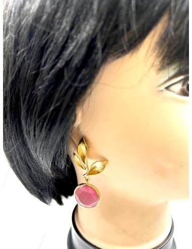 PENDIENTES BONITOS DORADOS CON PIEDRAS ROSAS ESPECIAL INVITADAS