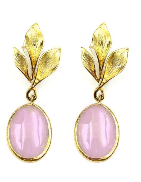 PENDIENTES BONITOS DORADOS CON PIEDRAS CUARZO ROSA