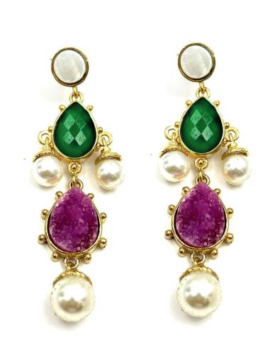 PENDIENTES LARGOS VERDES Y FUCSIAS CON PERLAS ESTILO BARROCO CHIC PARA BODAS