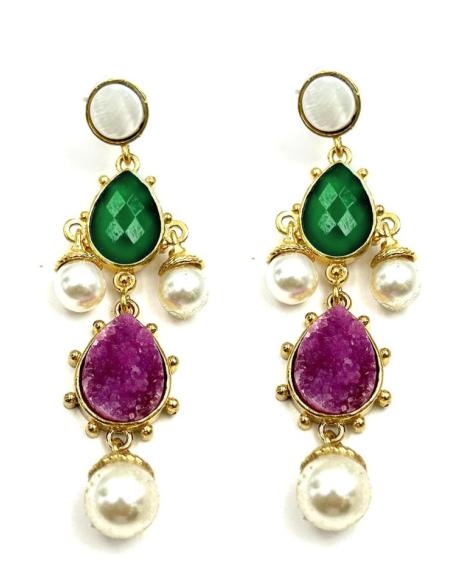 PENDIENTES LARGOS VERDES Y FUCSIAS CON PERLAS ESTILO BARROCO CHIC PARA BODAS